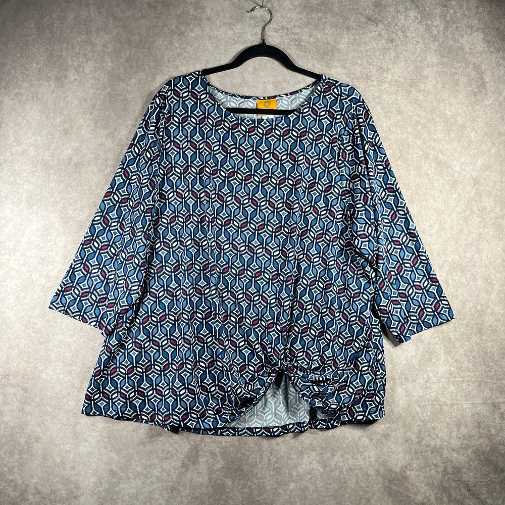 Ruby Rd. Top Womens Size 3X Blue Geometric Twist Front 3/4 Sleeves Stretch Artsy